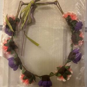 Flower Girl Floral Headband Pink, Purple, and Green Accents with Mesh Bag.